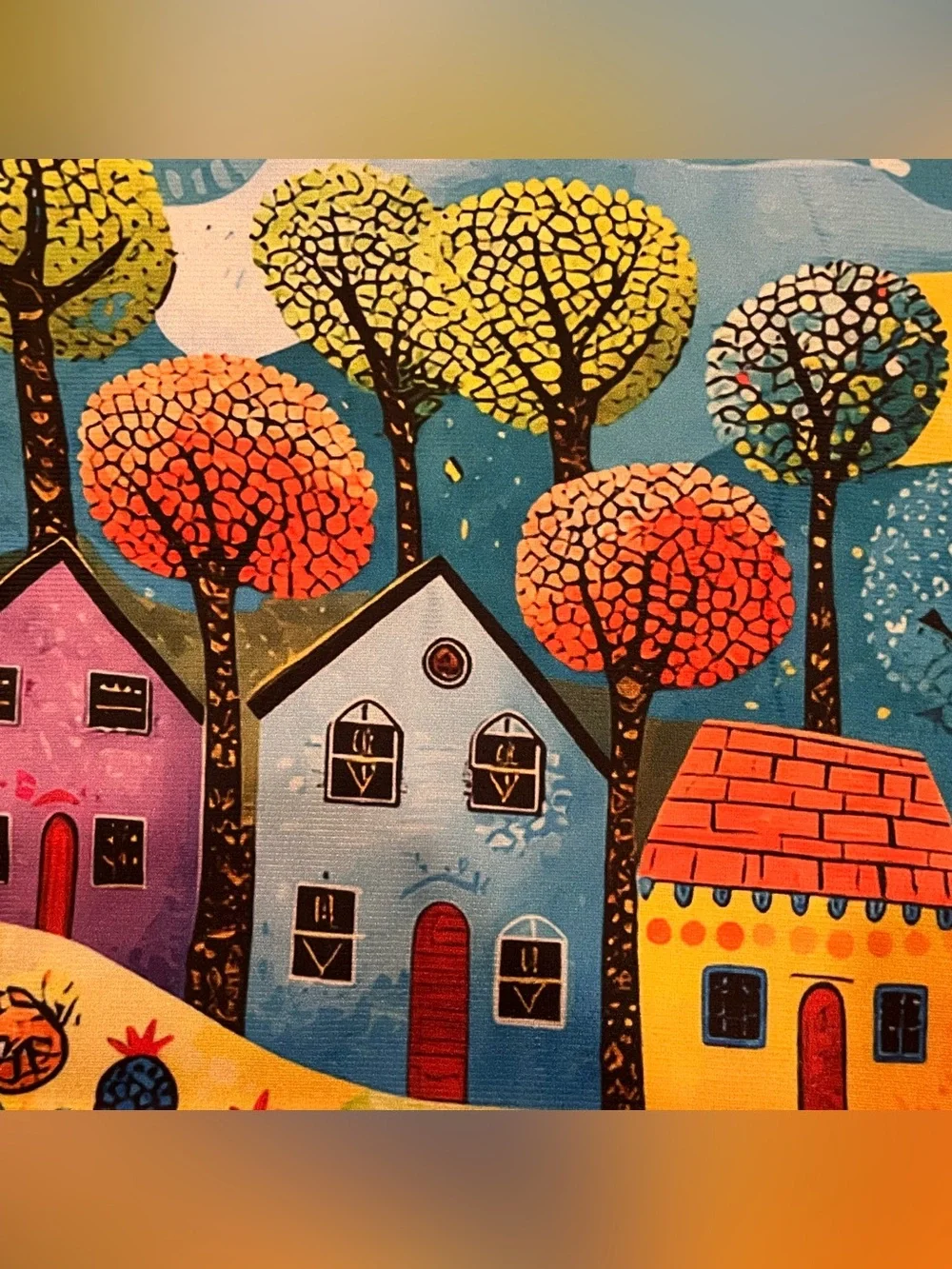 Whimsical Folk Art Colorful Village Throw Pillow Case Double Sided Cover